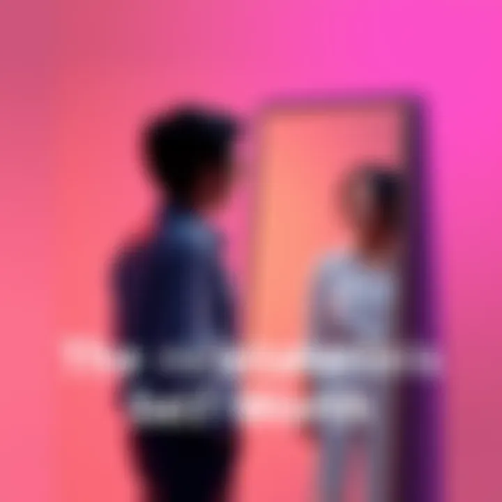 A person standing confidently with a mirror, seeing their happy reflection. The background shows soft colors representing personal growth.