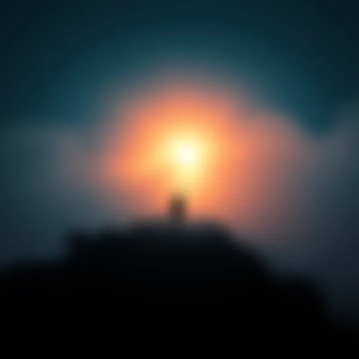 A silhouette of a person standing at the edge of a foggy path, looking towards a distant light representing the afterlife.