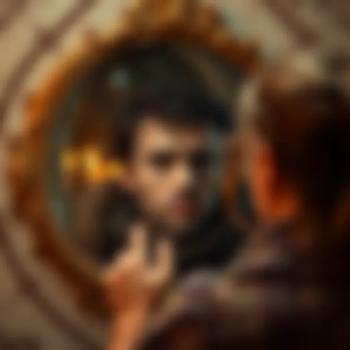 A person gazing into a vintage mirror, seeing a distorted reflection with a hint of mystic imagery.
