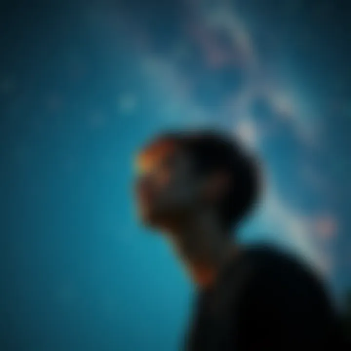 A person looking at the stars, pondering life and existence, depicting a connection to their lost twin sister.