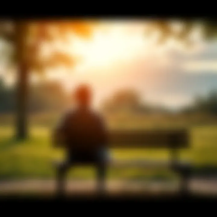 A person sits on a park bench, looking contemplatively at the sky, symbolizing personal faith and unity.