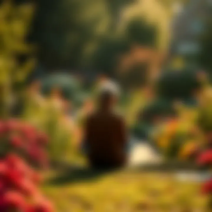 A person sitting alone in a peaceful garden, reflecting on memories of their grandfather, surrounded by flowers and soft sunlight.