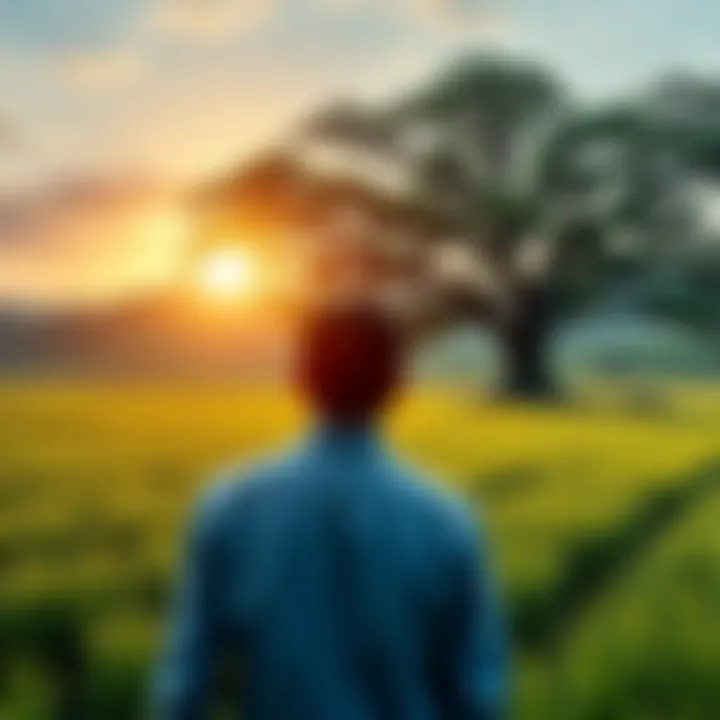 A person stands in a lush green field, looking contemplatively at an old family tree, pondering their cultural roots and heritage.