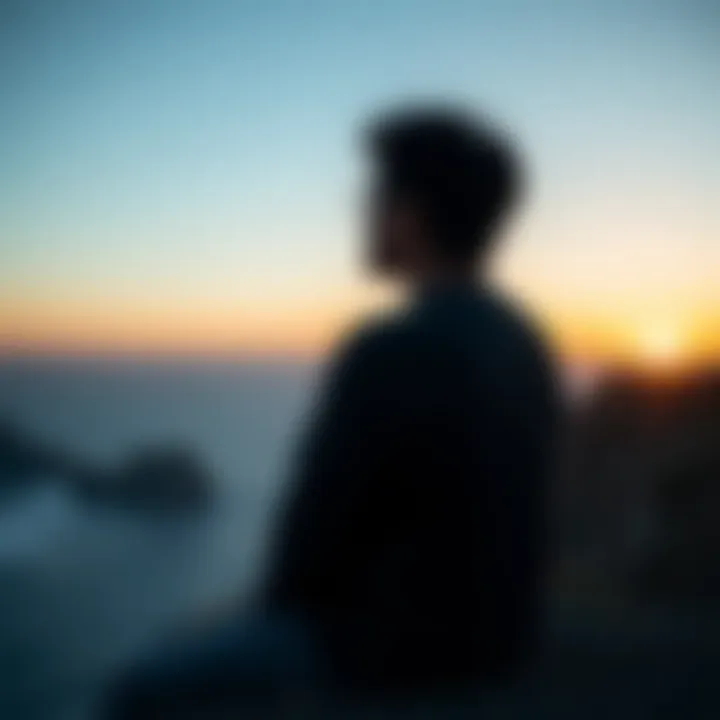 A thoughtful individual sitting alone, gazing into the distance, contemplating their near-death experience