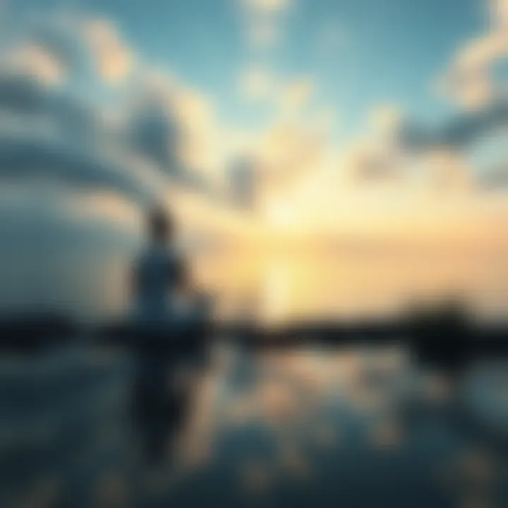 A person meditating by a serene lake, symbolizing the balance between duality and non-duality, with calm water and a peaceful sky.