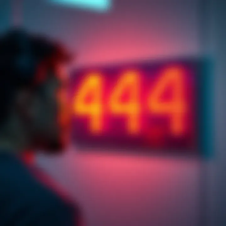 An individual gazes thoughtfully at the number 444 displayed on a wall, contemplating its meaning and significance for their life, with a serene background of soft colors.
