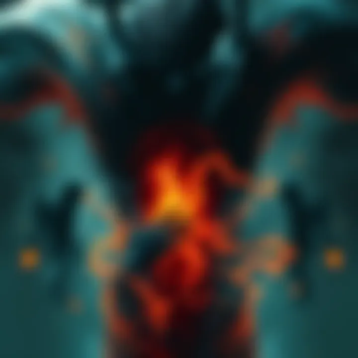 An abstract portrayal of shadowy figures symbolizing personal struggles, intertwined with ethereal elements representing spiritual beliefs.