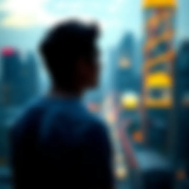 A contemplative figure gazing towards a blurred cityscape, symbolizing the desire for external transformation.