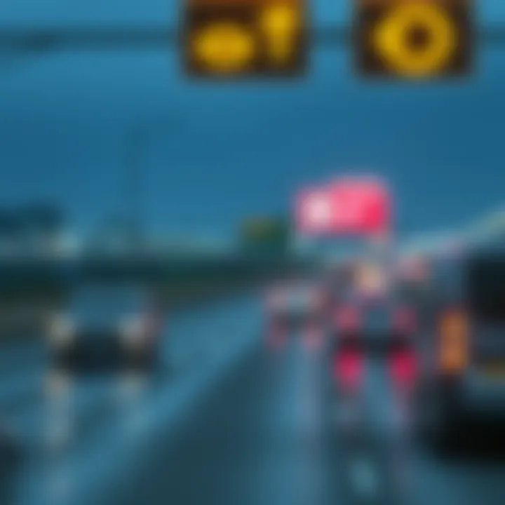 Bright reflective vinyl logos seen on a busy freeway with cars passing by.