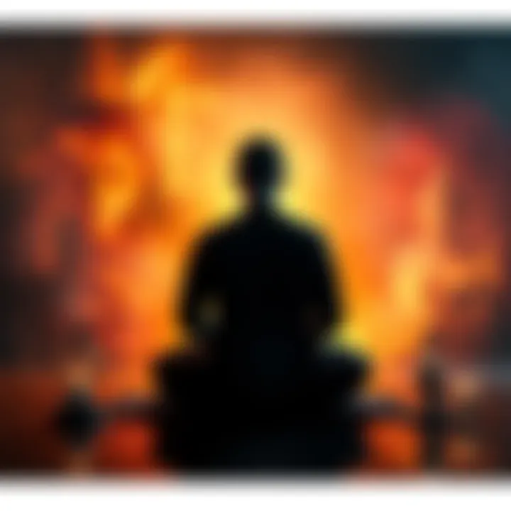 A person sits in meditation, surrounded by symbols of Buddhism and Christianity, expressing a mix of fear and hope.