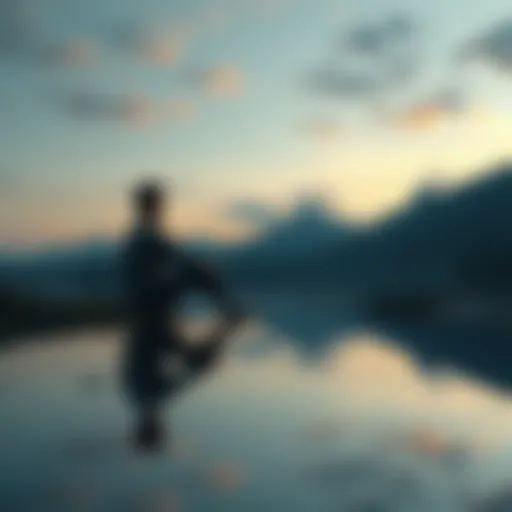 A person sitting alone, gazing at their reflection in a calm lake, representing contemplation of life and memory.
