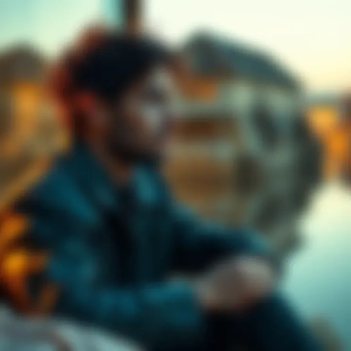 Elijah Thorn sits in a serene setting, contemplating his thoughts on perception and identity with a calm expression.