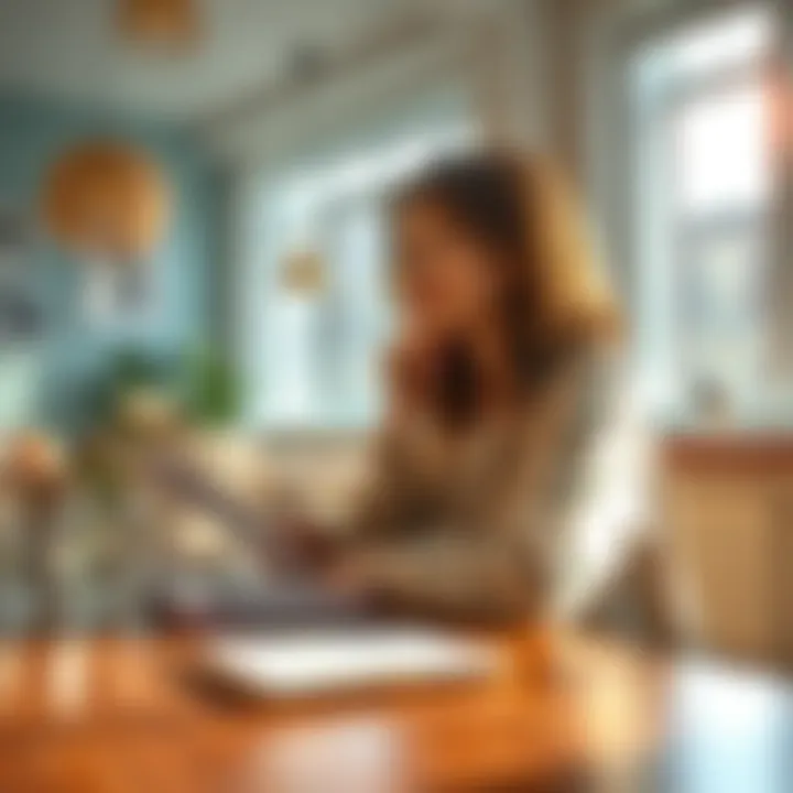A person sitting at a table with a notepad, writing thoughtful questions about their future, surrounded by uplifting decor and natural light.