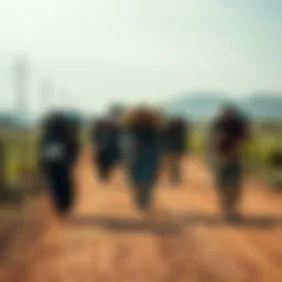A group of refugees traveling together on a dusty road in Europe, carrying their belongings and facing challenges along the way.