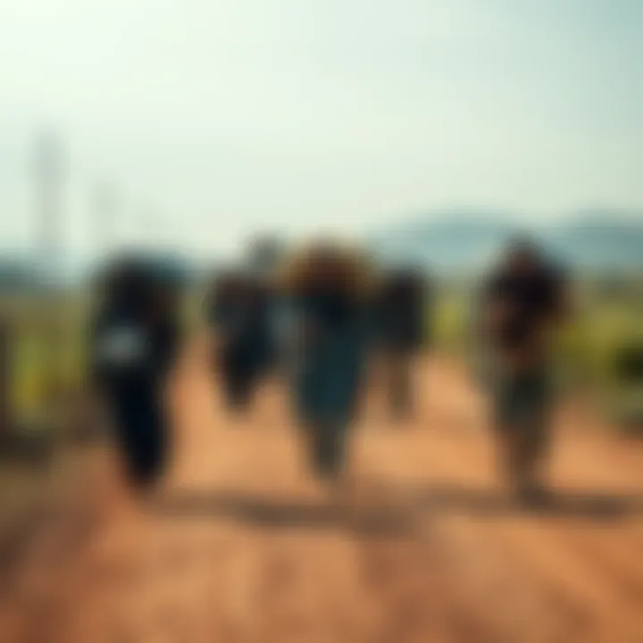 A group of refugees traveling together on a dusty road in Europe, carrying their belongings and facing challenges along the way.