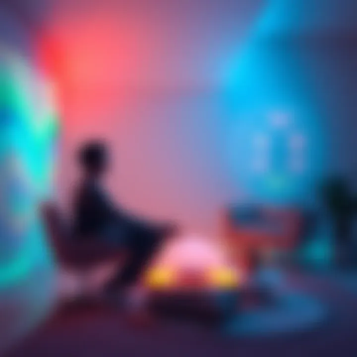 A person sitting relaxed in a therapy session, surrounded by soothing colors and visualization tools that represent parallel lives.