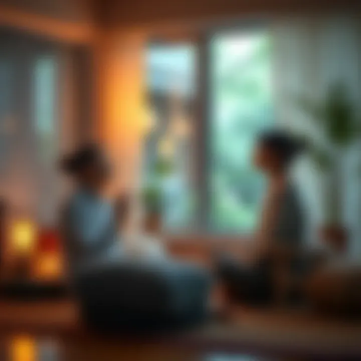 A calming scene with a person practicing Reiki while another enjoys ASMR sounds in a cozy environment.