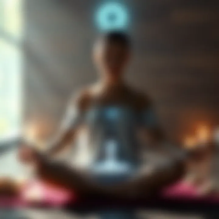 A person sitting peacefully with hands in a meditative pose, surrounded by soft lighting and crystals, representing Reiki energy flow during self-healing.