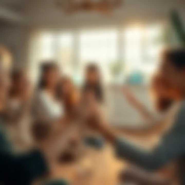 A group of people gathered in a circle, smiling and holding hands during a Reiki session, with soft lighting and calming decor
