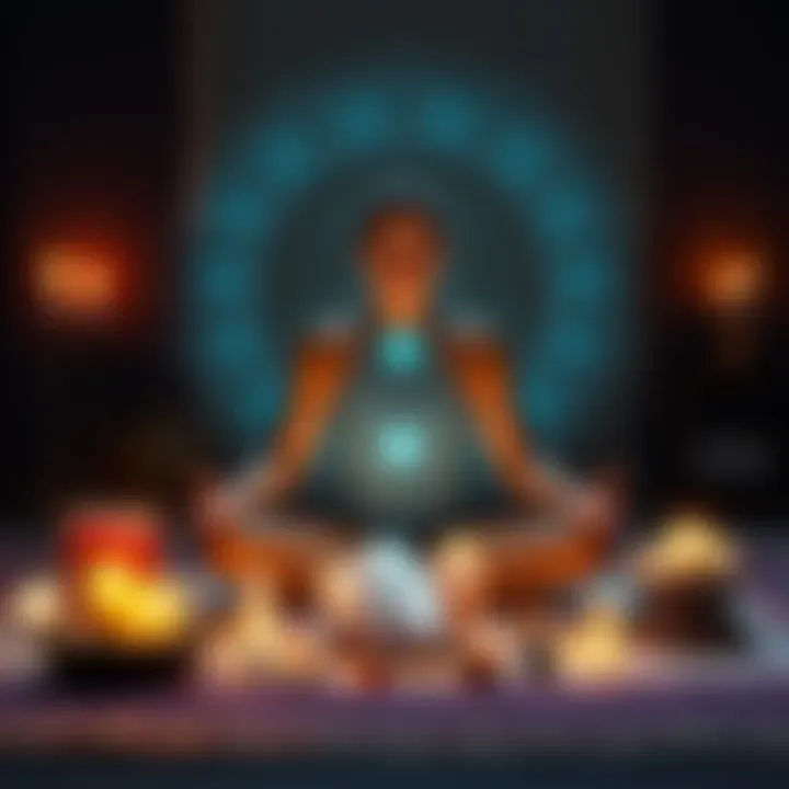 Reiki Healing Session A person meditating with crystals around them, receiving Reiki energy, surrounded by a calming aura