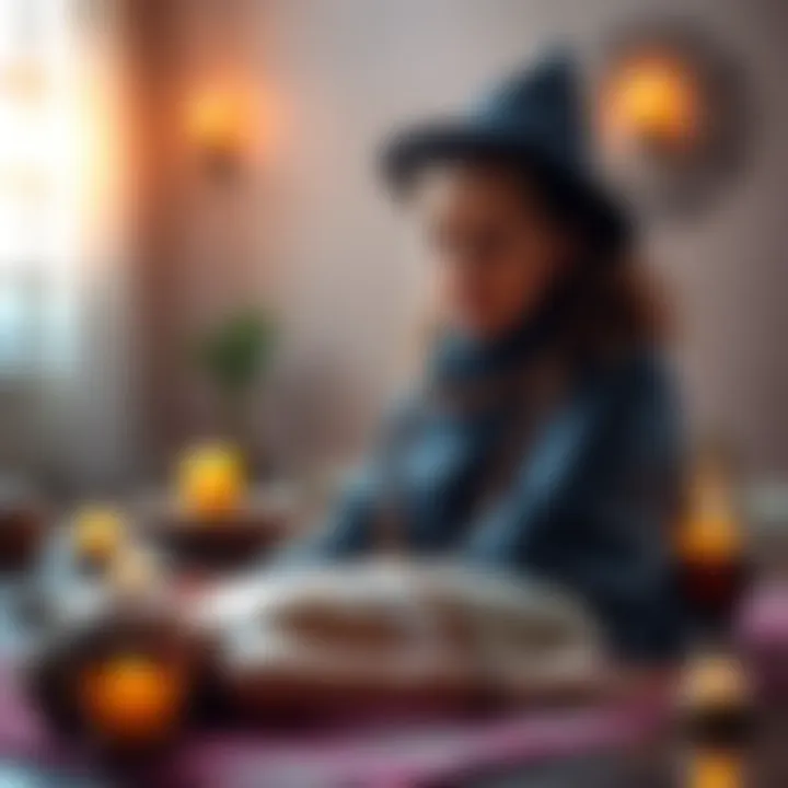 A Reiki master witch conducts an energy healing session with candles and crystals around her, focusing on a client on a mat.