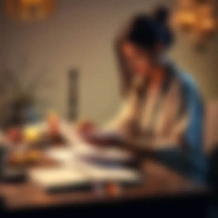 A reiki practitioner sitting at a table, looking at personal information forms, with crystals and calming decor around them
