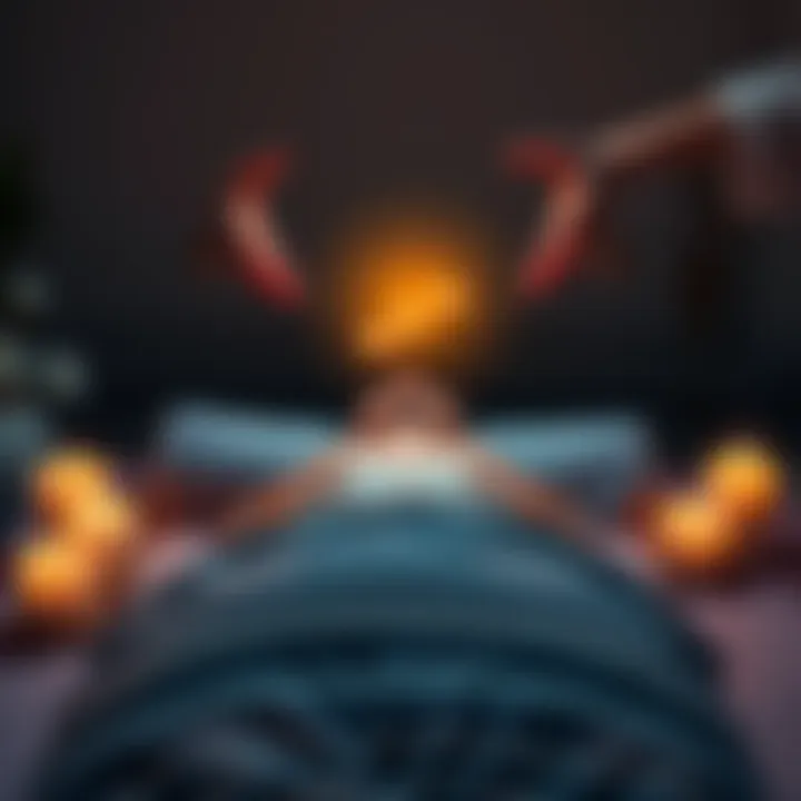 A person receiving Reiki treatment, lying on a massage table with hands hovering above them, surrounded by calming candles and natural elements