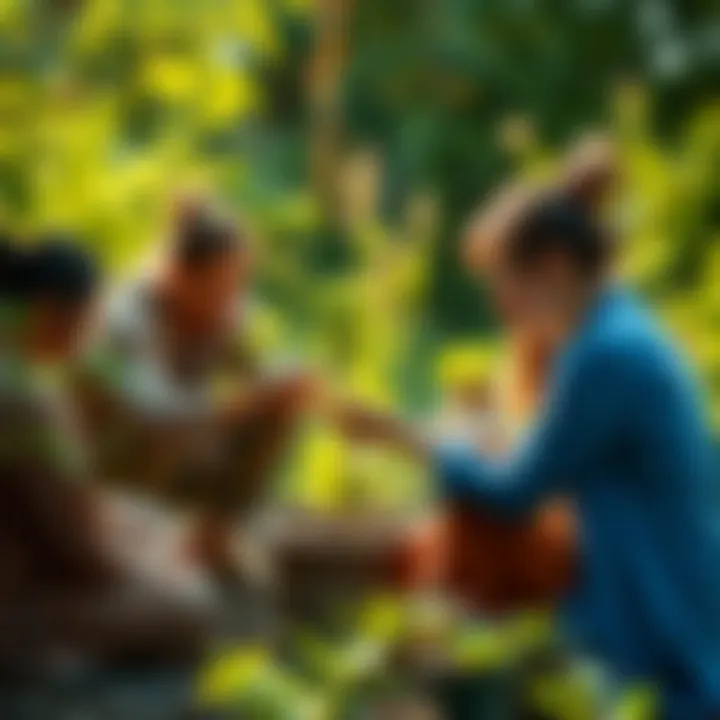 Participants enjoying a healing session while planting trees, inspired by WALL-E, with vibrant green surroundings.