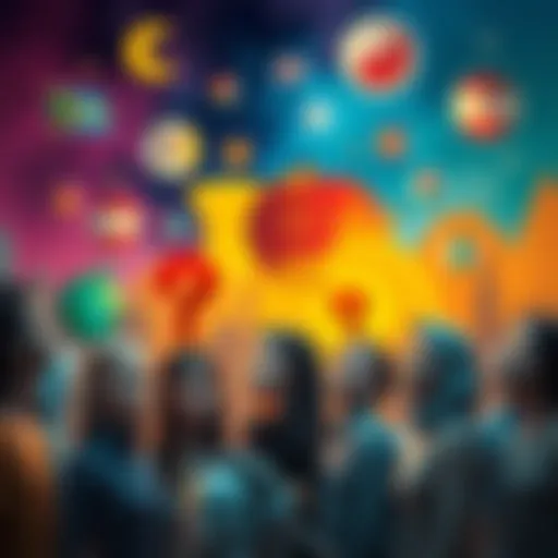 A diverse group of people contemplating their next lives, thinking about nationality and gender among colorful backgrounds symbolizing different cultures.