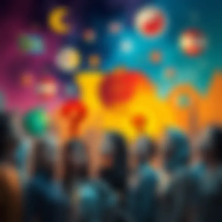 A diverse group of people contemplating their next lives, thinking about nationality and gender among colorful backgrounds symbolizing different cultures.