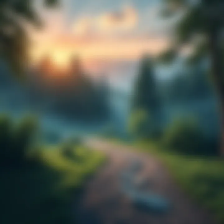 Reincarnation Concept A serene landscape with a path leading through a lush forest, symbolizing personal growth and the journey of reincarnation.