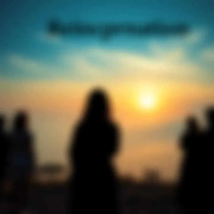 A serene landscape with a gentle sunrise, symbolizing rebirth and new beginnings, with silhouettes of diverse people observing the horizon.