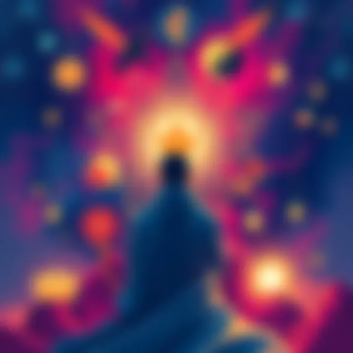 A vibrant illustration showing a person surrounded by symbols of different cultures representing reincarnation beliefs, like a lotus flower and yin yang, against a cosmic background.