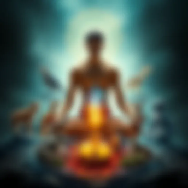 A symbolic image showing a person in a meditative pose, surrounded by images representing different life forms such as animals and plants, illustrating the cycle of reincarnation and Karma.
