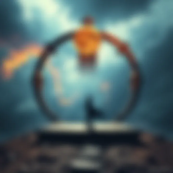 Reincarnation Cycle Concept A symbolic representation of the reincarnation cycle, showing a person at a crossroads, contemplating choices within a circular flow of life, death, and rebirth.