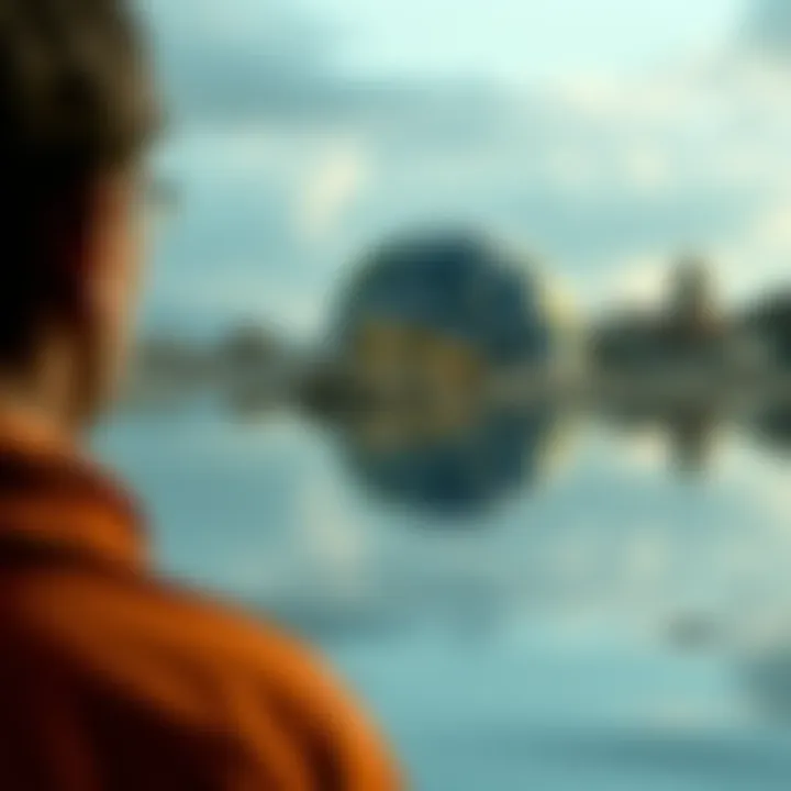 A person looking at a reflection in water, symbolizing past and future lives with a backdrop of a devastated Earth.