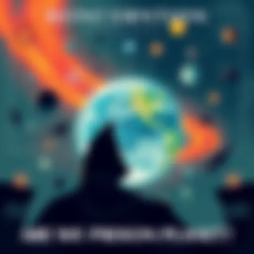 An illustration showing a figure contemplating life on Earth, surrounded by symbols of reincarnation and the idea of a Prison Planet.