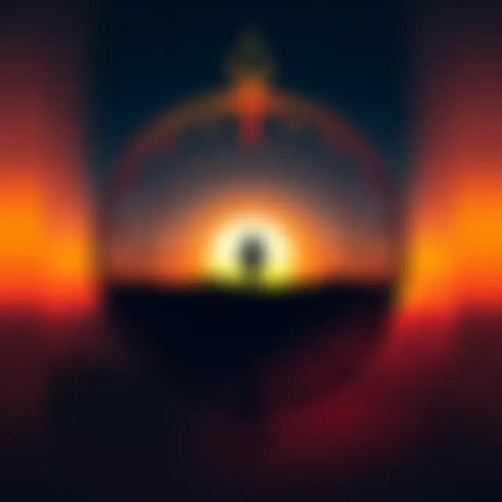 A symbol representing reincarnation with a cycle of life theme, showing a sunrise symbolizing new beginnings and a silhouette of a person transitioning into another form.