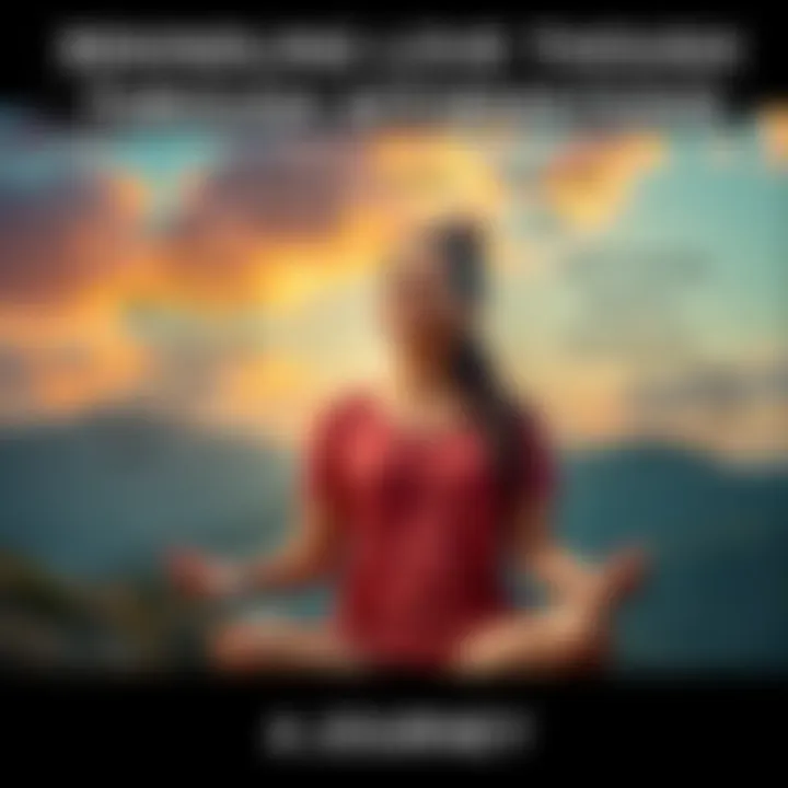 A person meditating with a serene expression, surrounded by positive affirmations in a beautiful landscape setting, symbolizing the journey of reconnection and healing after a breakup.