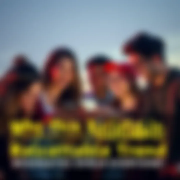 A group of friends laughing while looking at relatable social media posts on their phones