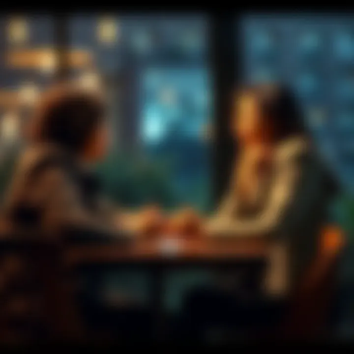 A couple sitting at a table, looking concerned while discussing their relationship