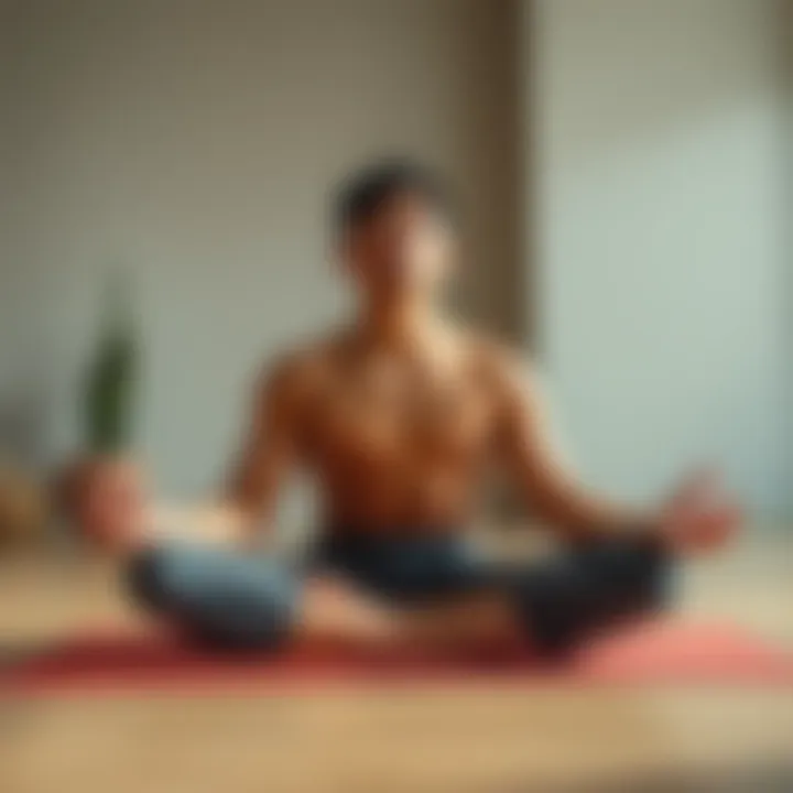 Individual seated on a yoga mat, looking relaxed yet puzzled, facing the challenge of an involuntary swallowing reflex while deep in thought during a workout session