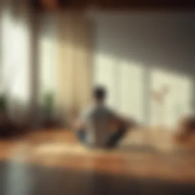 A person sitting cross-legged on a mat, practicing deep breathing in a peaceful environment, surrounded by soft lighting and calming décor.