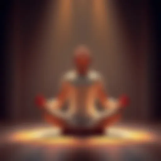 Individual sitting cross-legged, eyes closed in meditation, surrounded by soft light and calm atmosphere.