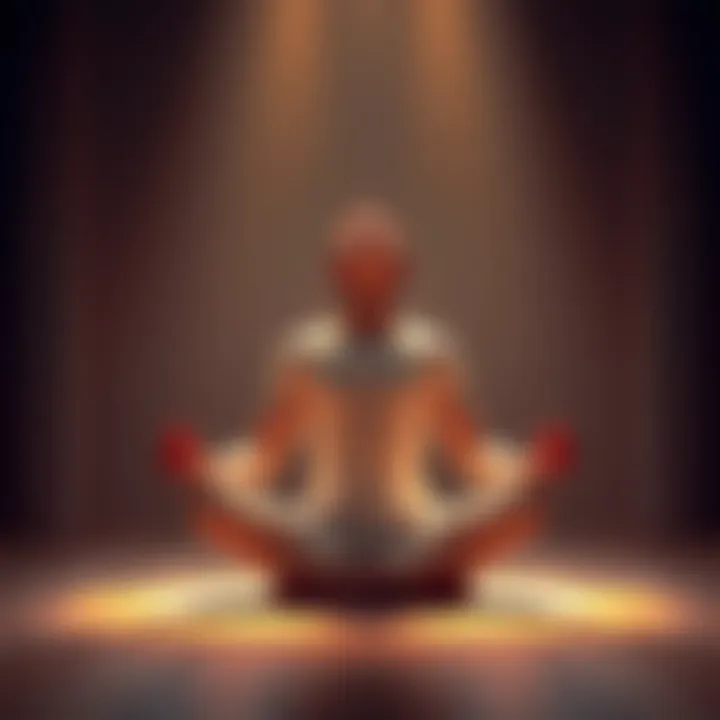 Individual sitting cross-legged, eyes closed in meditation, surrounded by soft light and calm atmosphere.