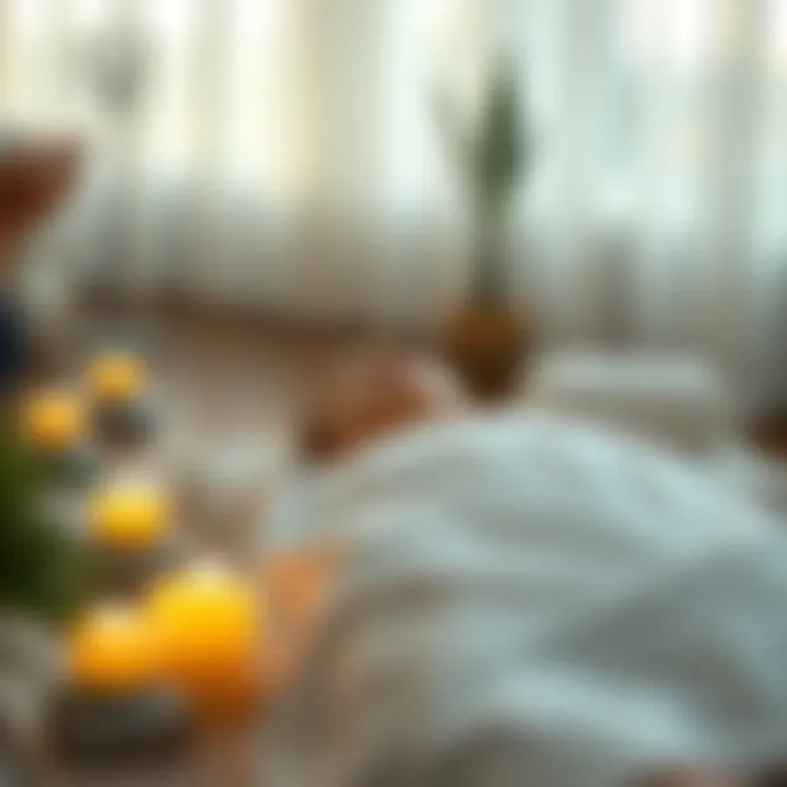 Relaxation during Reiki Session A person lying on a mat during a Reiki session, surrounded by calming candles and soft lighting, showcasing a peaceful atmosphere