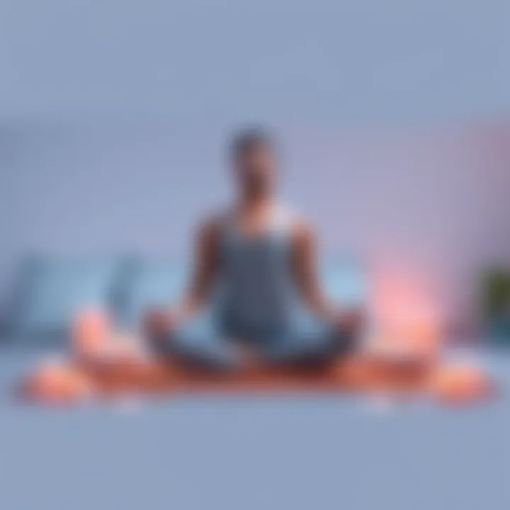 A person sitting cross-legged on a yoga mat, eyes closed and surrounded by calming candles and soft pillows, in a tranquil setting.