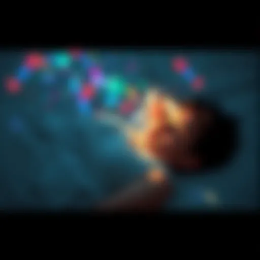A calm individual lying on a bed with dreamlike visuals surrounding them, symbolizing the process of permashifting and a relaxed approach to dreaming.