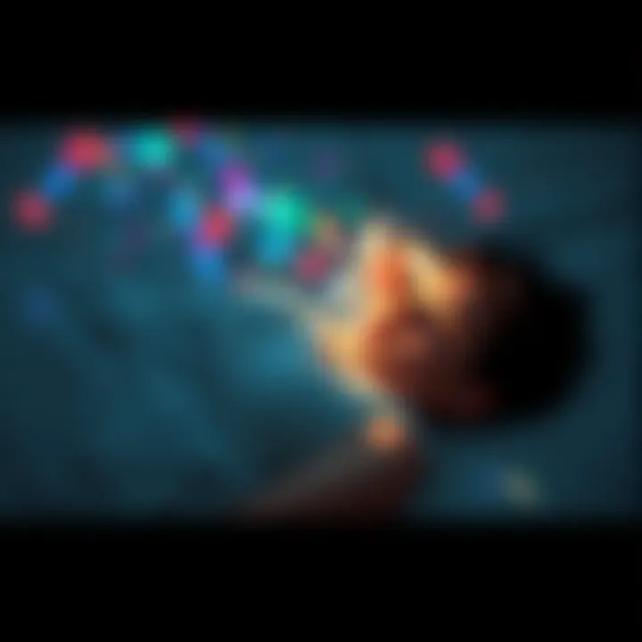 A calm individual lying on a bed with dreamlike visuals surrounding them, symbolizing the process of permashifting and a relaxed approach to dreaming.