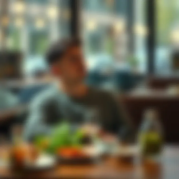 Relaxed Person After Meal A relaxed person sitting at a table with a light meal, looking thoughtful about post-meal feelings